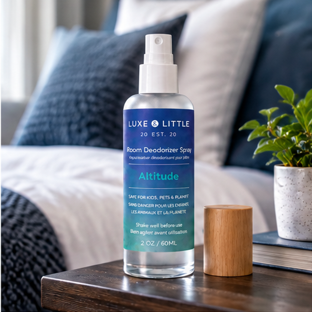 Altitude room spray on a bedside table with blue bedding