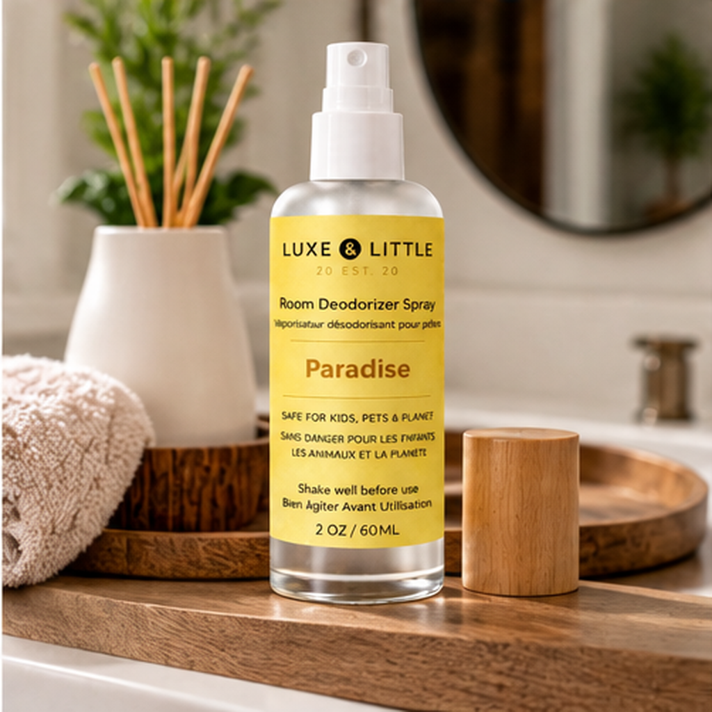 Paradise room spray on an entryway table in a naturally lit home