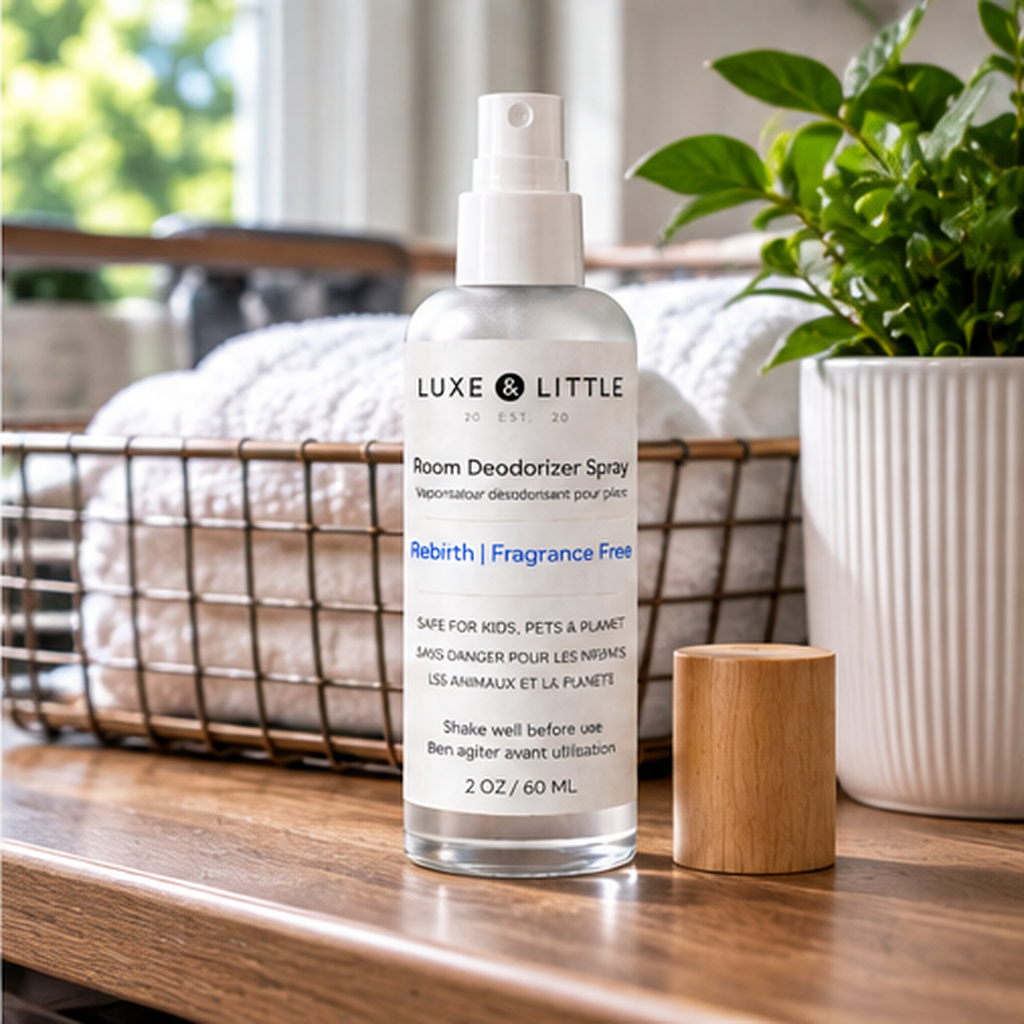 Rebirth fragrance-free room spray on a laundry shelf with folded towels