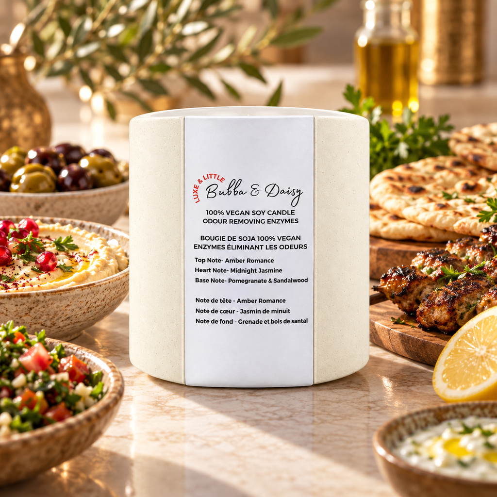 Luxe and Little Bubba and Daisy soy candle alongside a Mediterranean meal