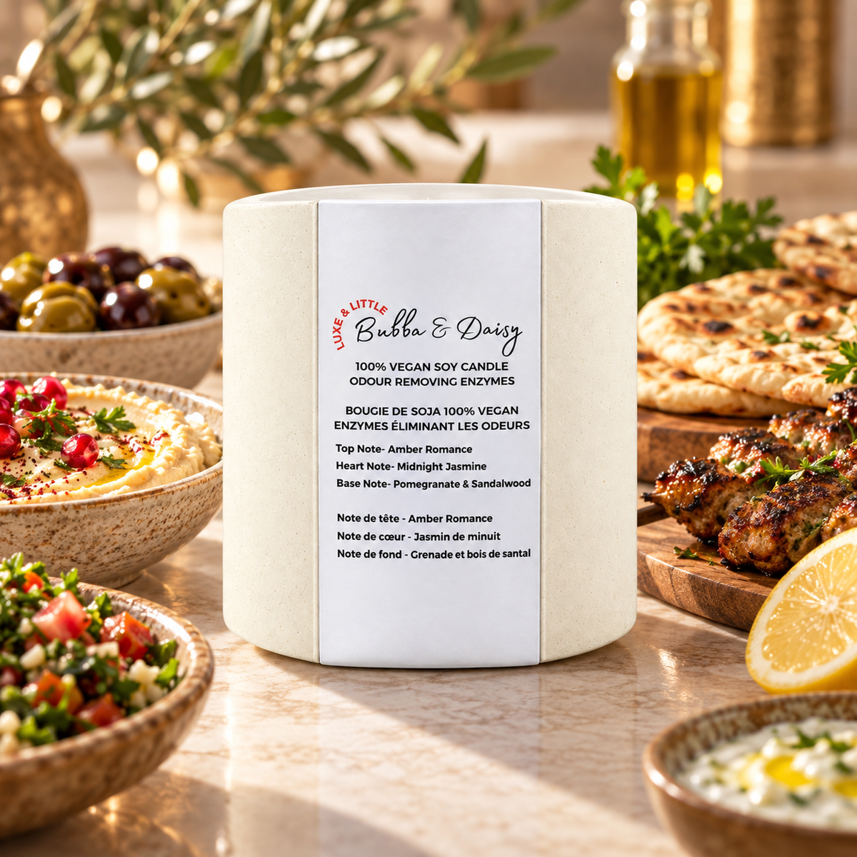 Luxe and Little Bubba and Daisy soy candle alongside a Mediterranean meal