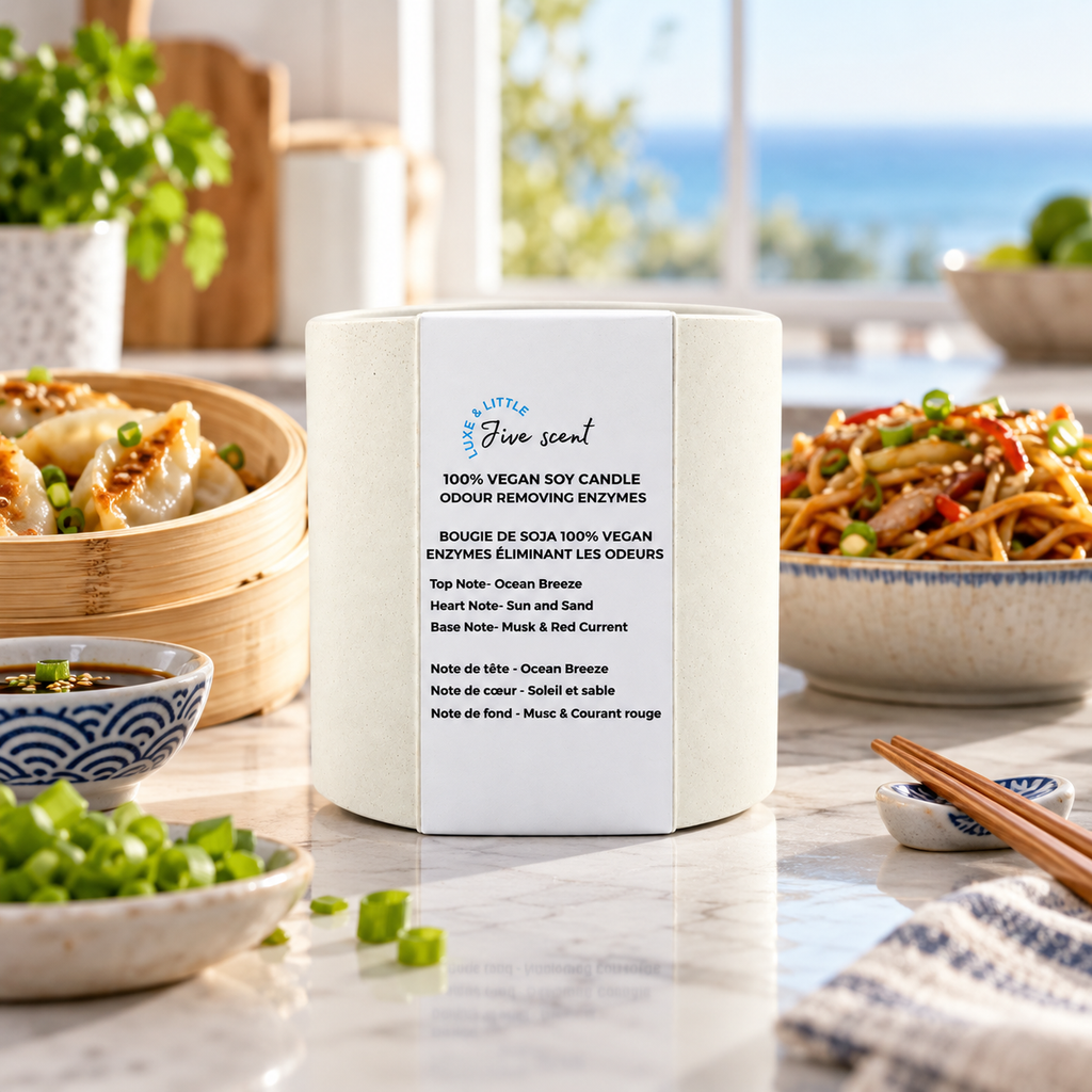 Luxe and Little Jive Scent soy candle with dumplings and stir-fried noodles