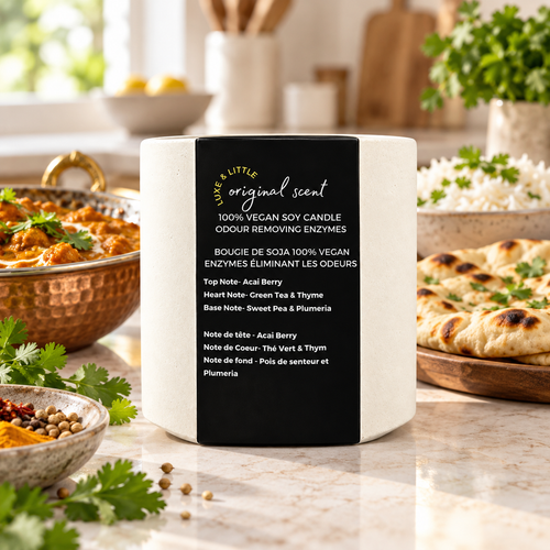 Luxe and Little Original Scent soy candle with Indian curry, rice and naan in a sunny kitchen