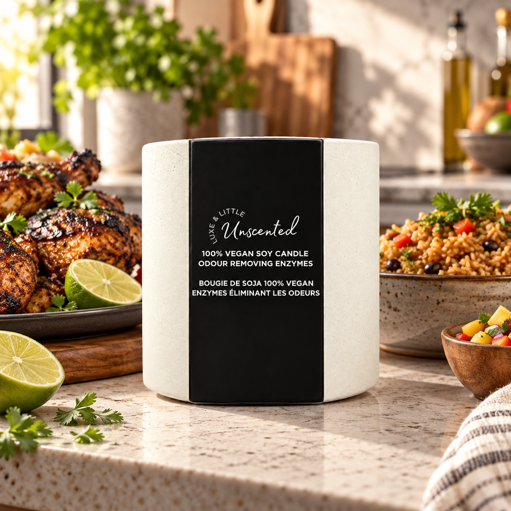 Luxe and Little Unscented soy candle beside Caribbean-inspired food