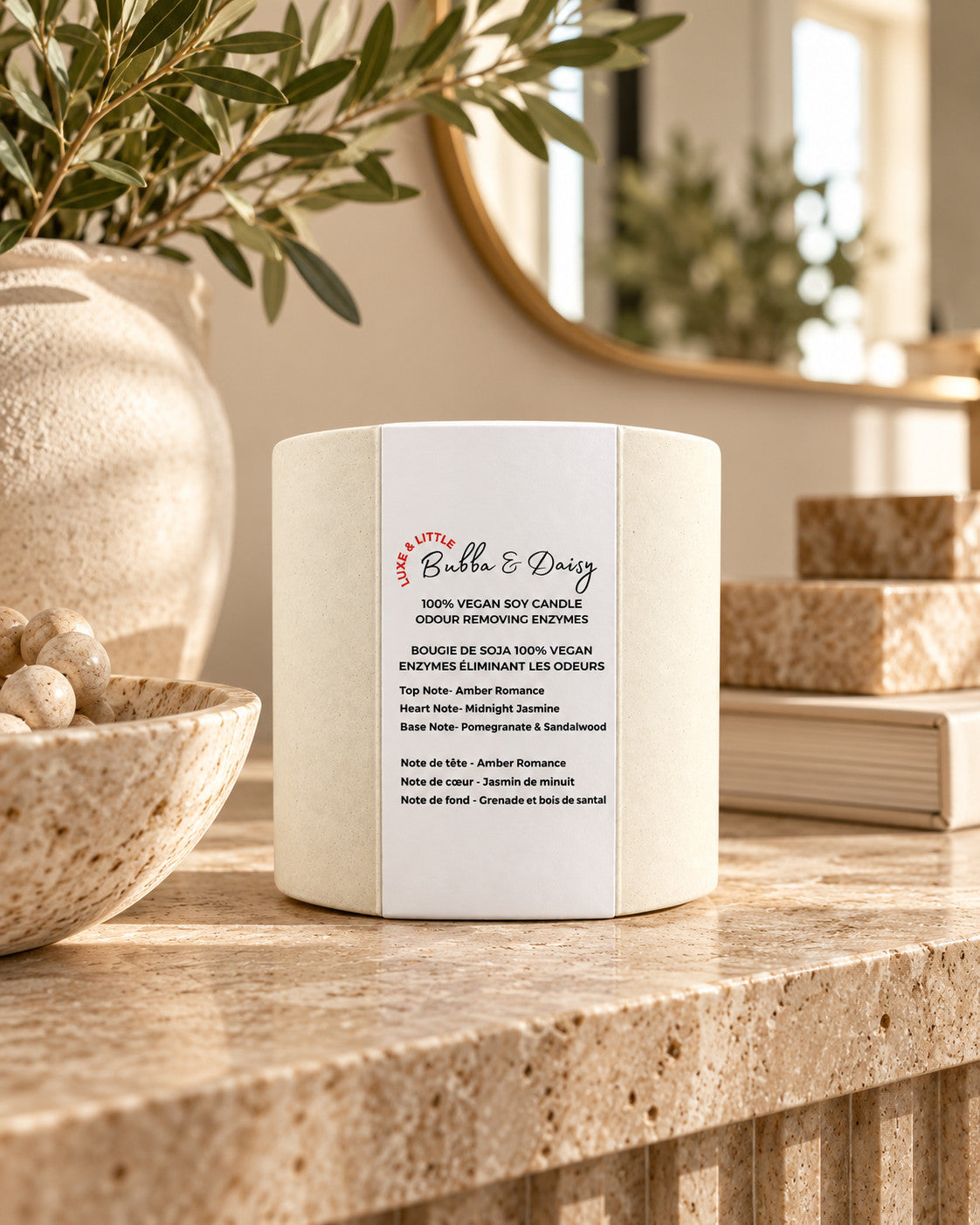 Luxe & Little Bubba and Daisy vegan soy candle in a neutral, gender-inclusive setting: bubba daisy candle entryway vignette