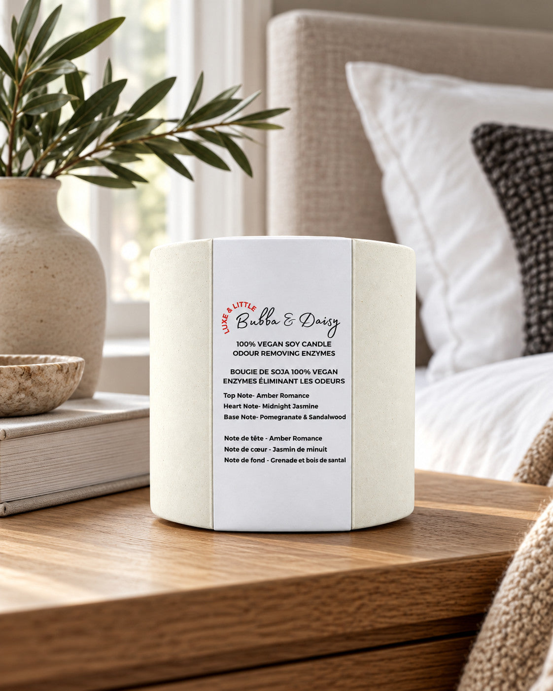 Luxe & Little Bubba and Daisy vegan soy candle in a neutral, gender-inclusive setting: luxe candle in a cozy bedroom vignette