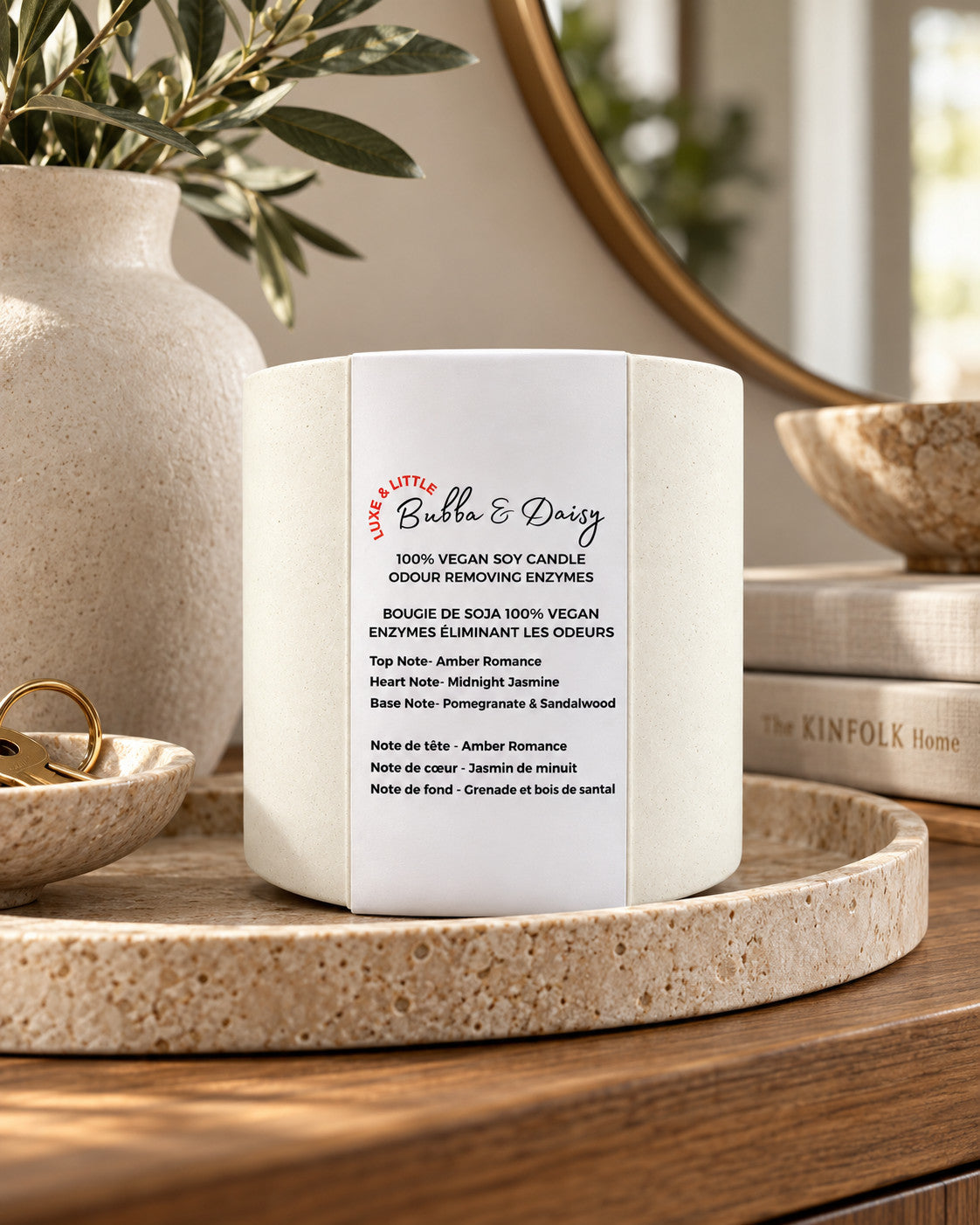 Luxe & Little Bubba and Daisy vegan soy candle in a neutral, gender-inclusive setting: luxe candle in a warm minimalist interior