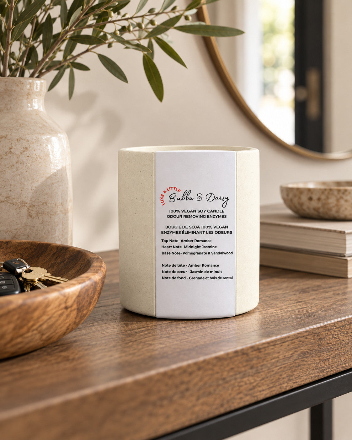 Luxe & Little Bubba and Daisy vegan soy candle in a neutral, gender-inclusive setting: warm entryway candle vignette