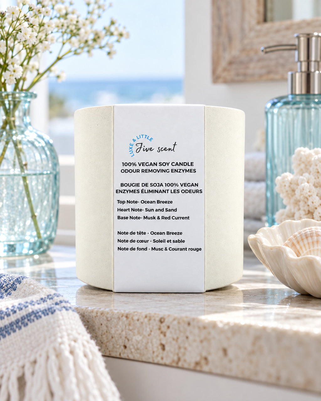 Luxe & Little Jive vegan soy candle lifestyle photograph, coastal spa candle vanity scene