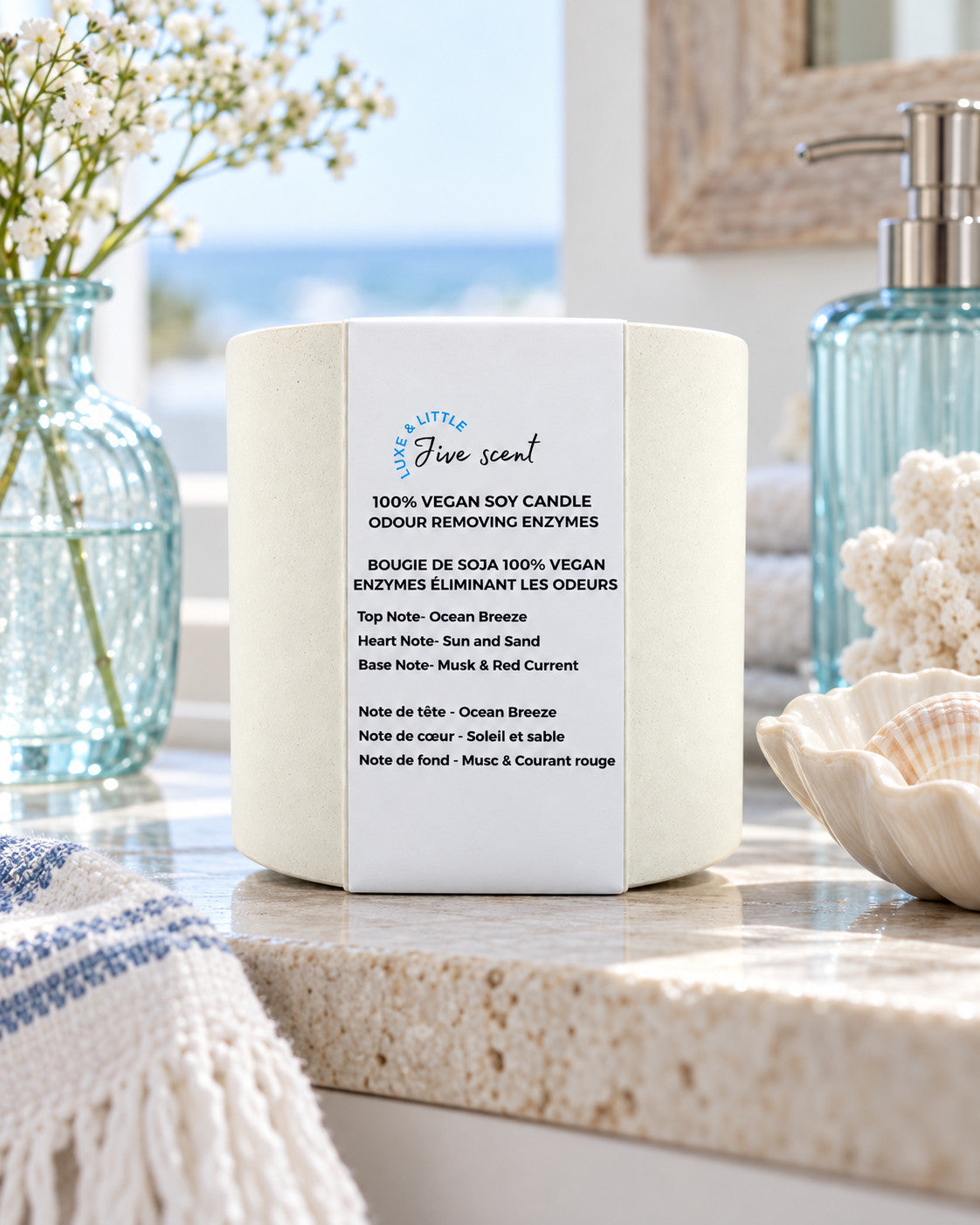 Luxe & Little Jive vegan soy candle lifestyle photograph, coastal spa candle vanity scene
