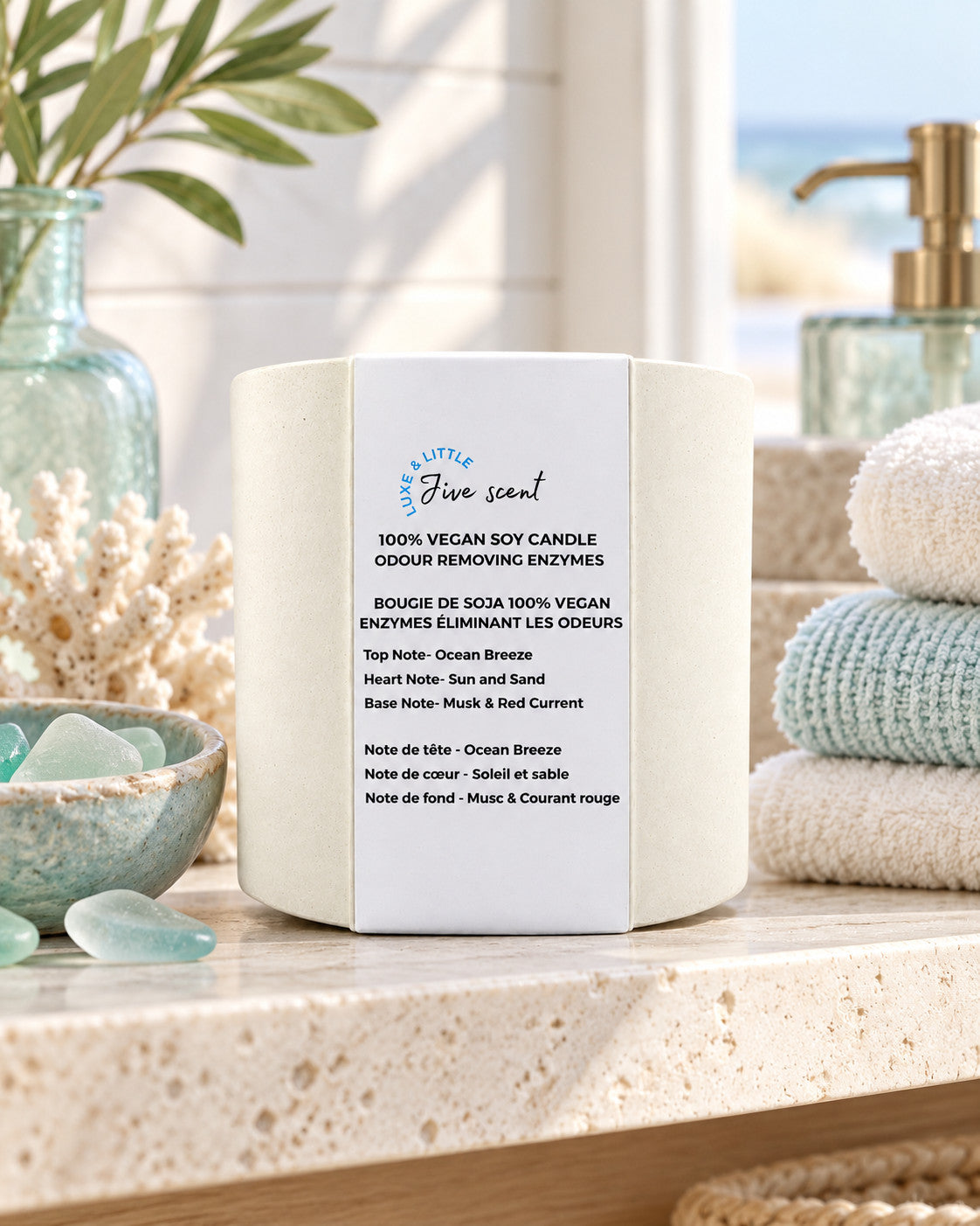 Luxe & Little Jive vegan soy candle lifestyle photograph, coastal spa luxe candle display