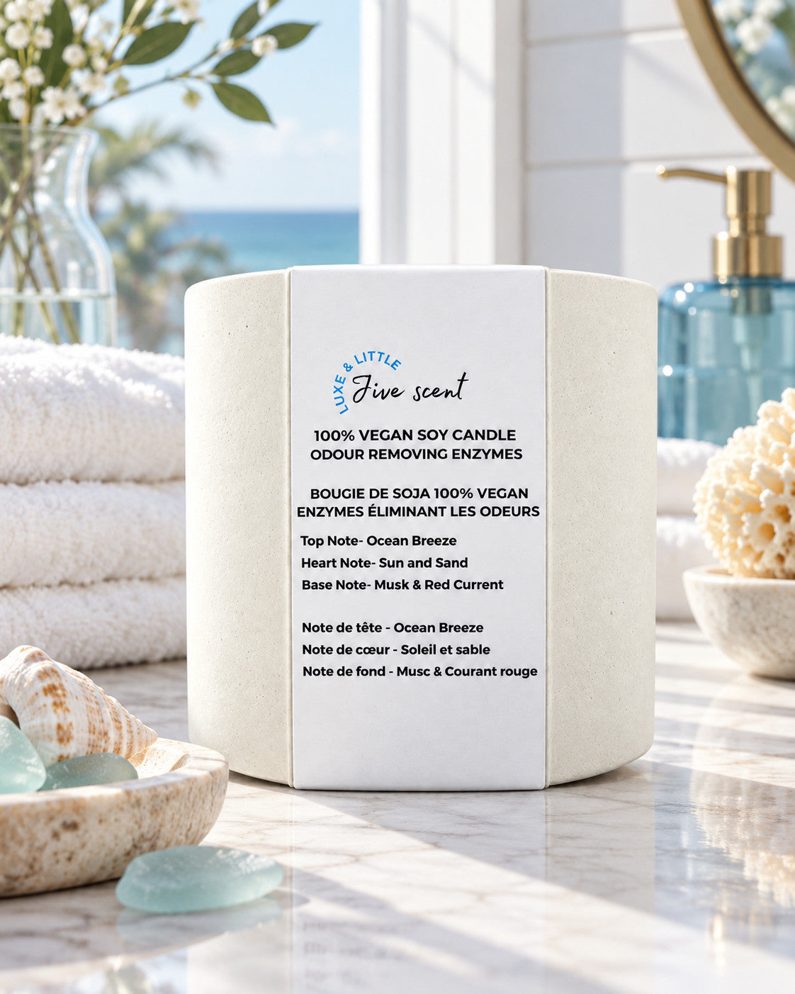 Luxe & Little Jive vegan soy candle lifestyle photograph, coastal spa luxe little candle