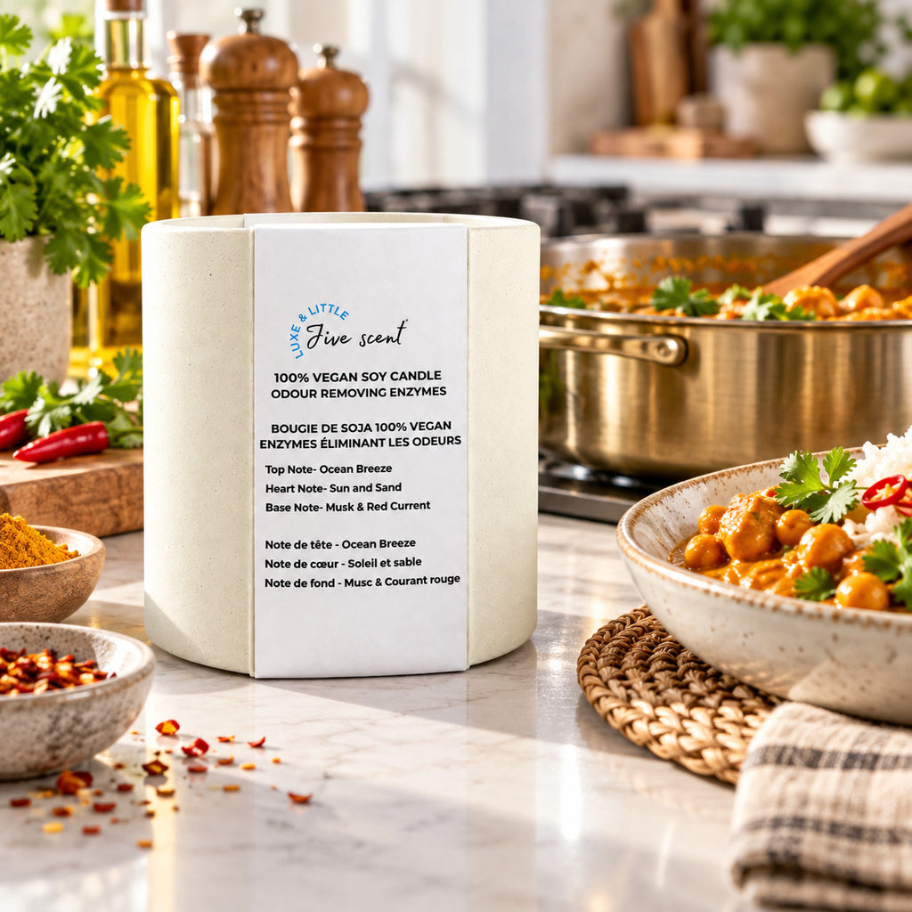 Luxe & Little Jive vegan soy candle lifestyle photograph, gourmet curry kitchen candle display