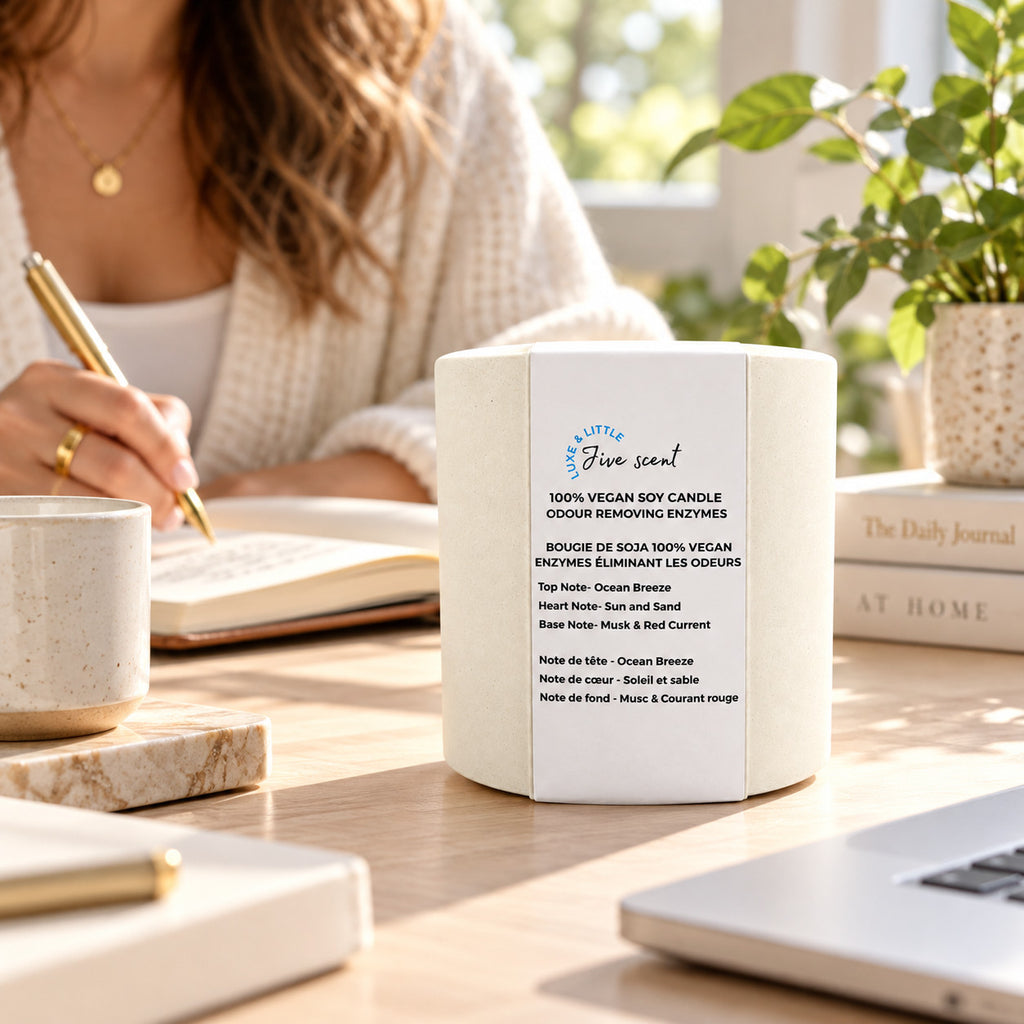 Luxe & Little Jive vegan soy candle lifestyle photograph, sunlit jive scent workspace