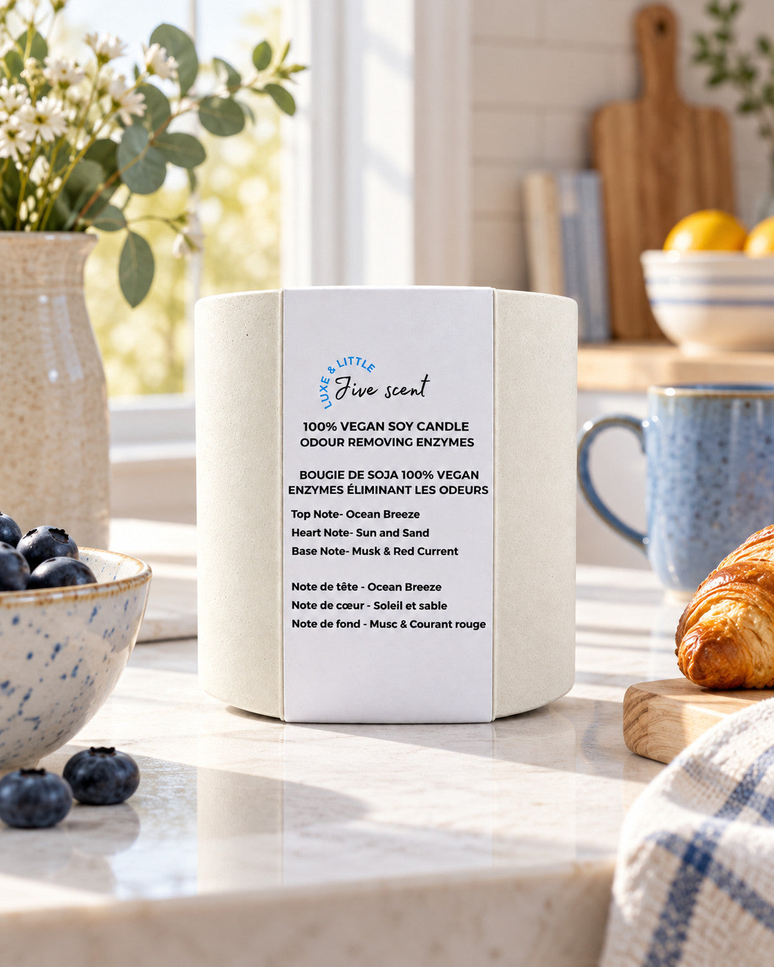 Luxe & Little Jive vegan soy candle lifestyle photograph, sunlit seaside scent breakfast nook