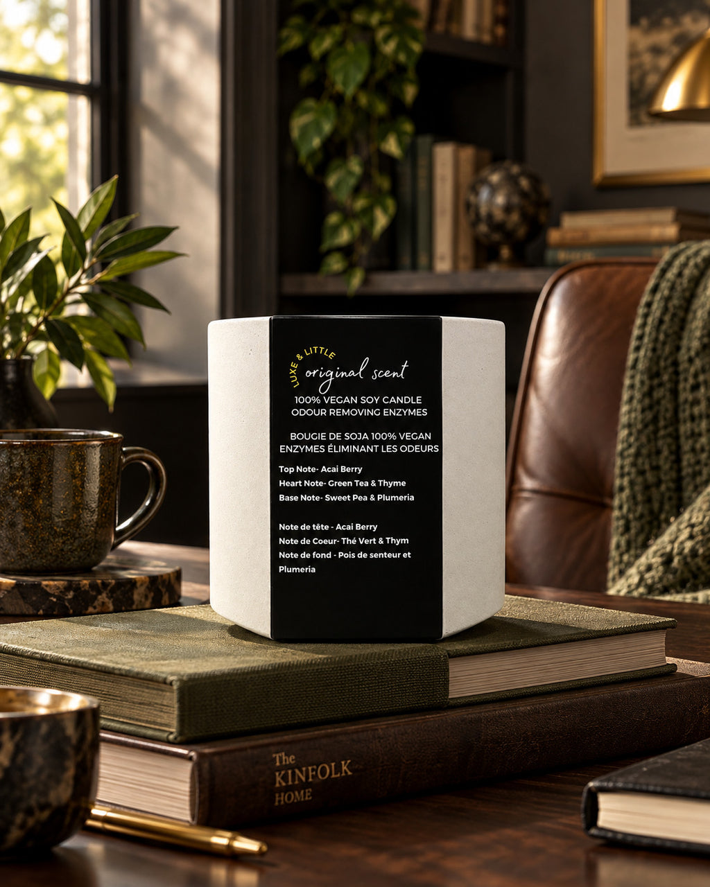 Luxe & Little Original vegan soy candle lifestyle scene: cozy luxe candle reading nook