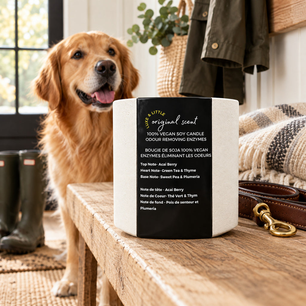 Luxe & Little Original vegan soy candle lifestyle scene: luxe candle in a cozy mudroom