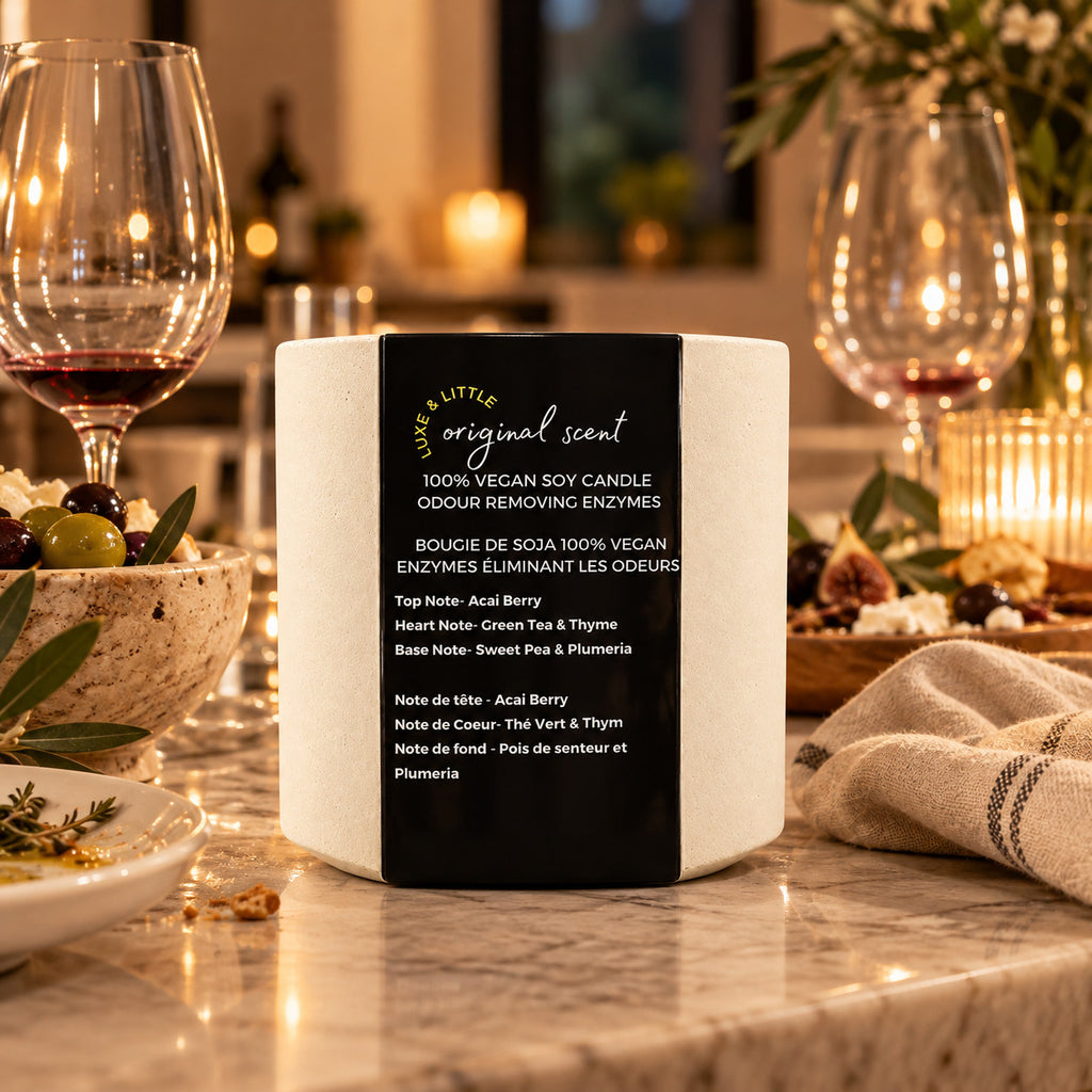 Luxe & Little Original vegan soy candle lifestyle scene: luxe little mediterranean candle scene