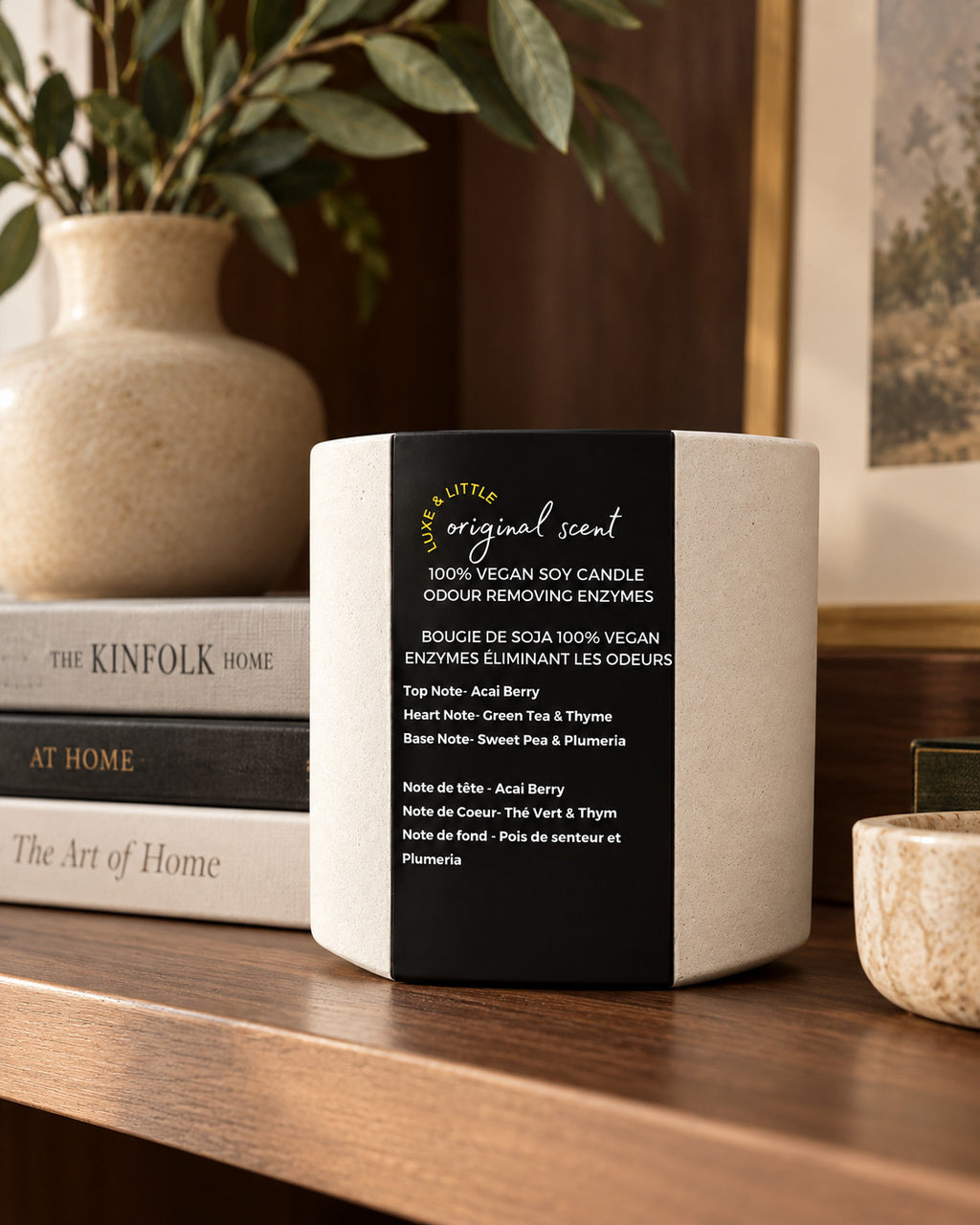 Luxe & Little Original vegan soy candle lifestyle scene: luxe vegan candle shelf vignette