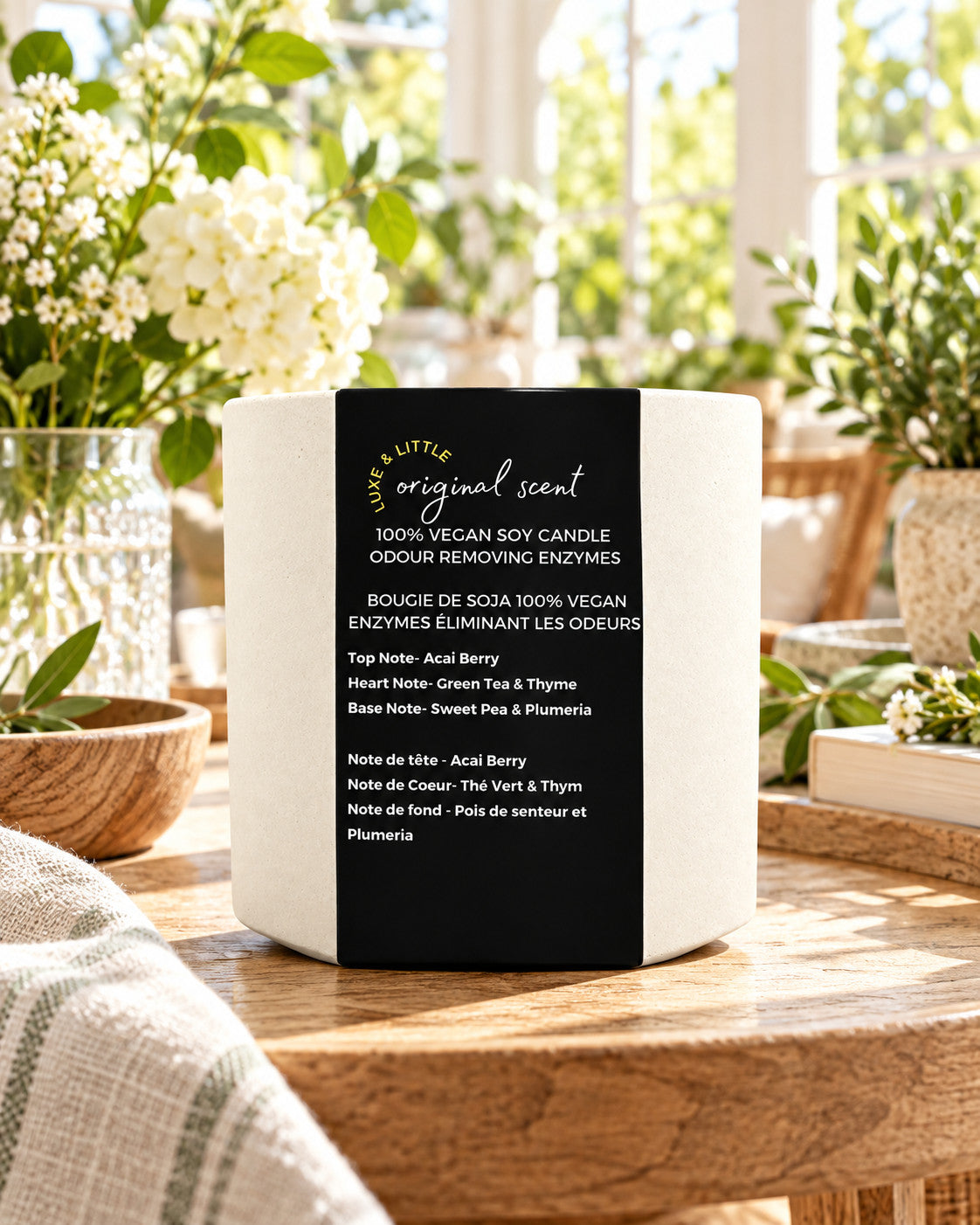 Luxe & Little Original vegan soy candle lifestyle scene: sunlit garden nook candle