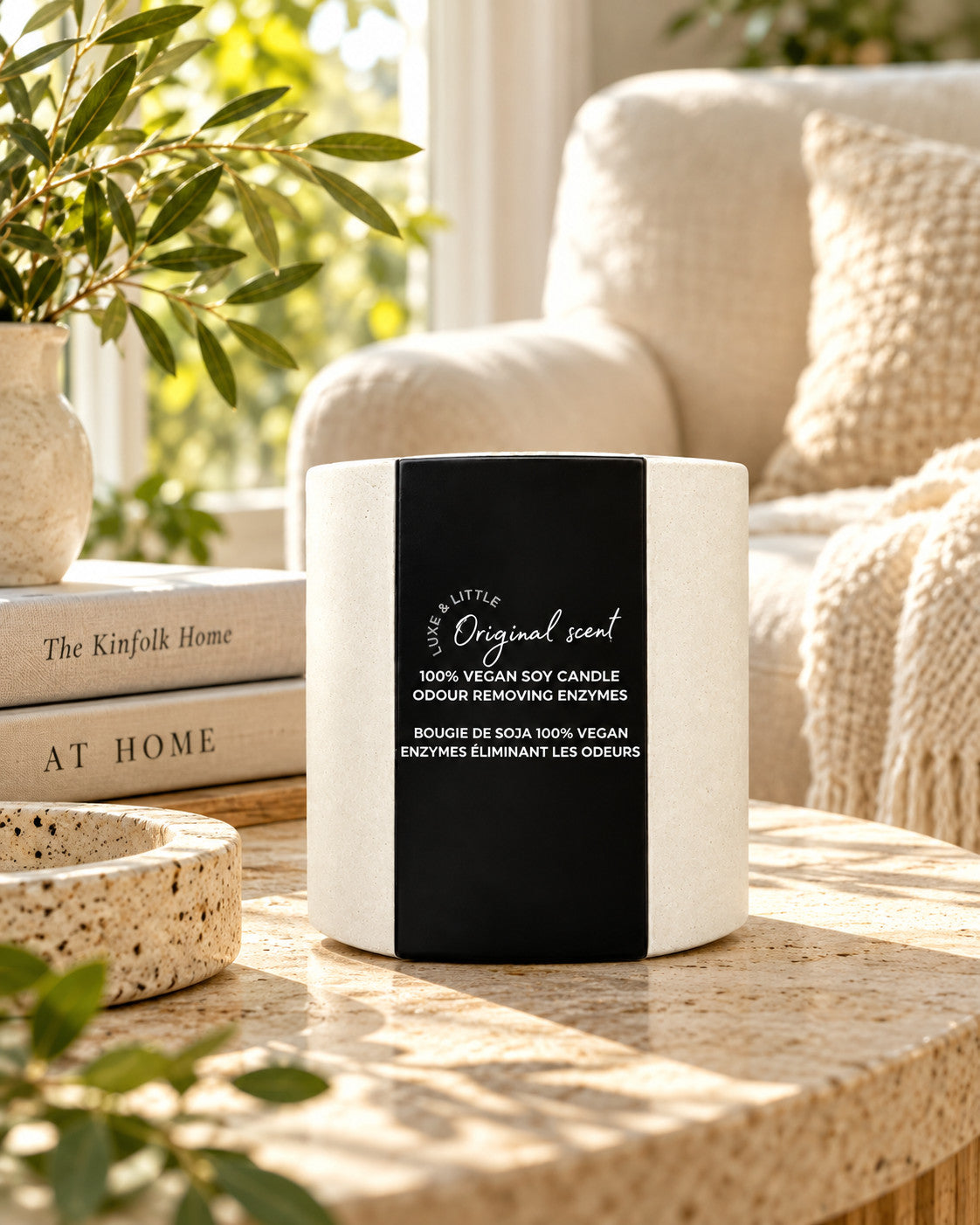 Luxe & Little Original vegan soy candle lifestyle scene: sunlit luxe little candle nook