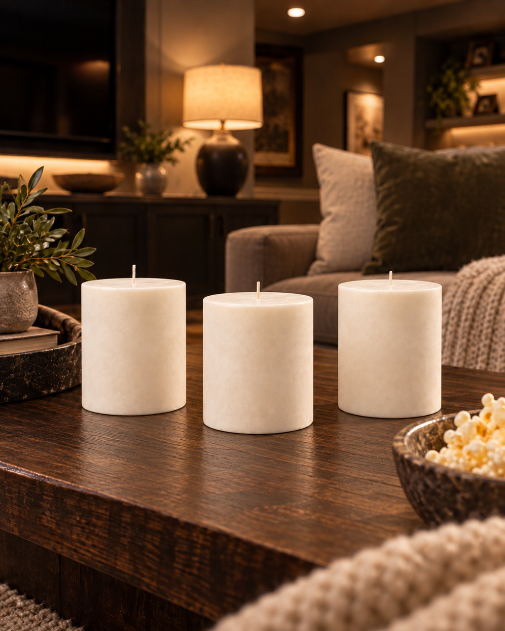 Three matching ivory soy candle refills in a cosy basement living room