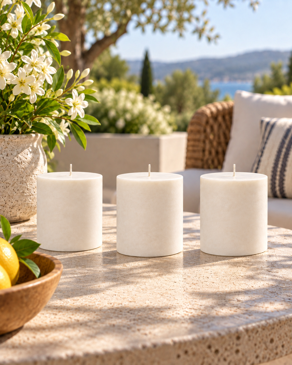 Three matching ivory soy candle refills spaced apart on an outdoor patio