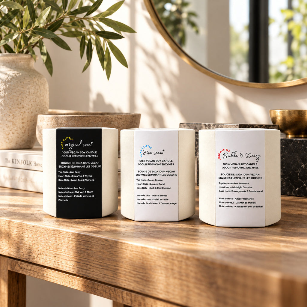 Luxe & Little soy candle Set of 3: Original, Jive and Bubba & Daisy together; elegant candle trio in warm sunlight