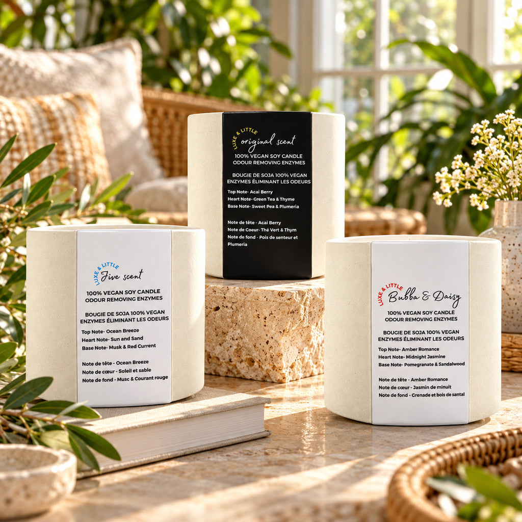Luxe & Little soy candle Set of 3: Original, Jive and Bubba & Daisy together; luxury soy candles in a sunlit greenhouse