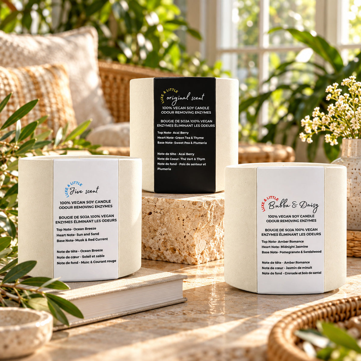 Luxe & Little soy candle Set of 3: Original, Jive and Bubba & Daisy together; luxury soy candles in a sunlit greenhouse