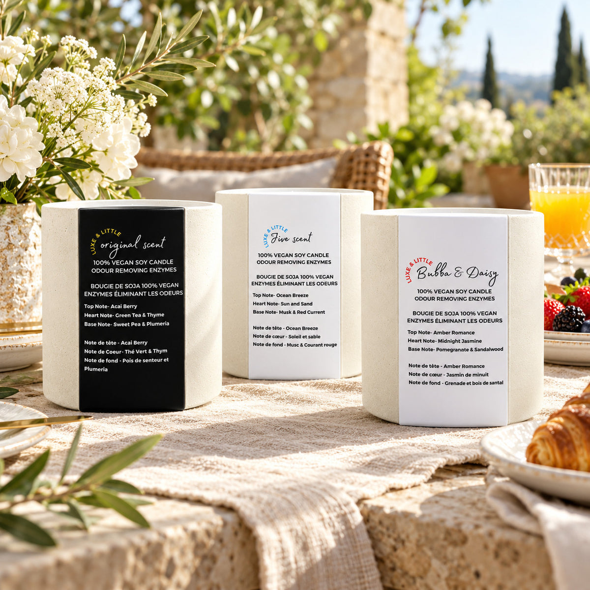 Luxe & Little soy candle Set of 3: Original, Jive and Bubba & Daisy together; sunlit garden candle breakfast