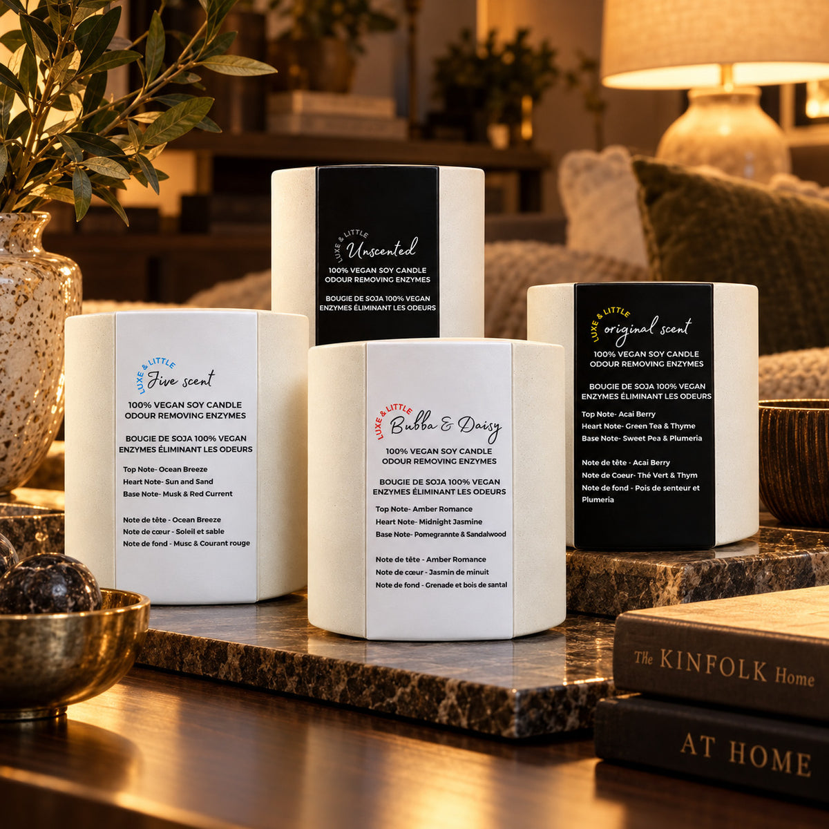 Luxe & Little soy candle Set of 4: Original, Jive, Bubba & Daisy and Unscented together; cozy luxe candle living room vignette