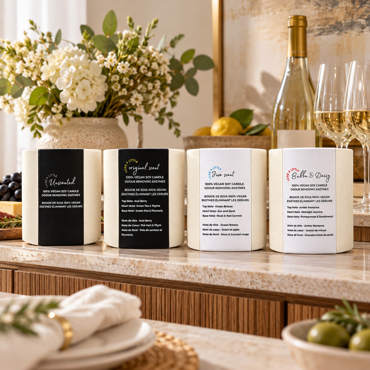 Luxe & Little soy candle Set of 4: Original, Jive, Bubba & Daisy and Unscented together; elegant soy candle entertaining vignette