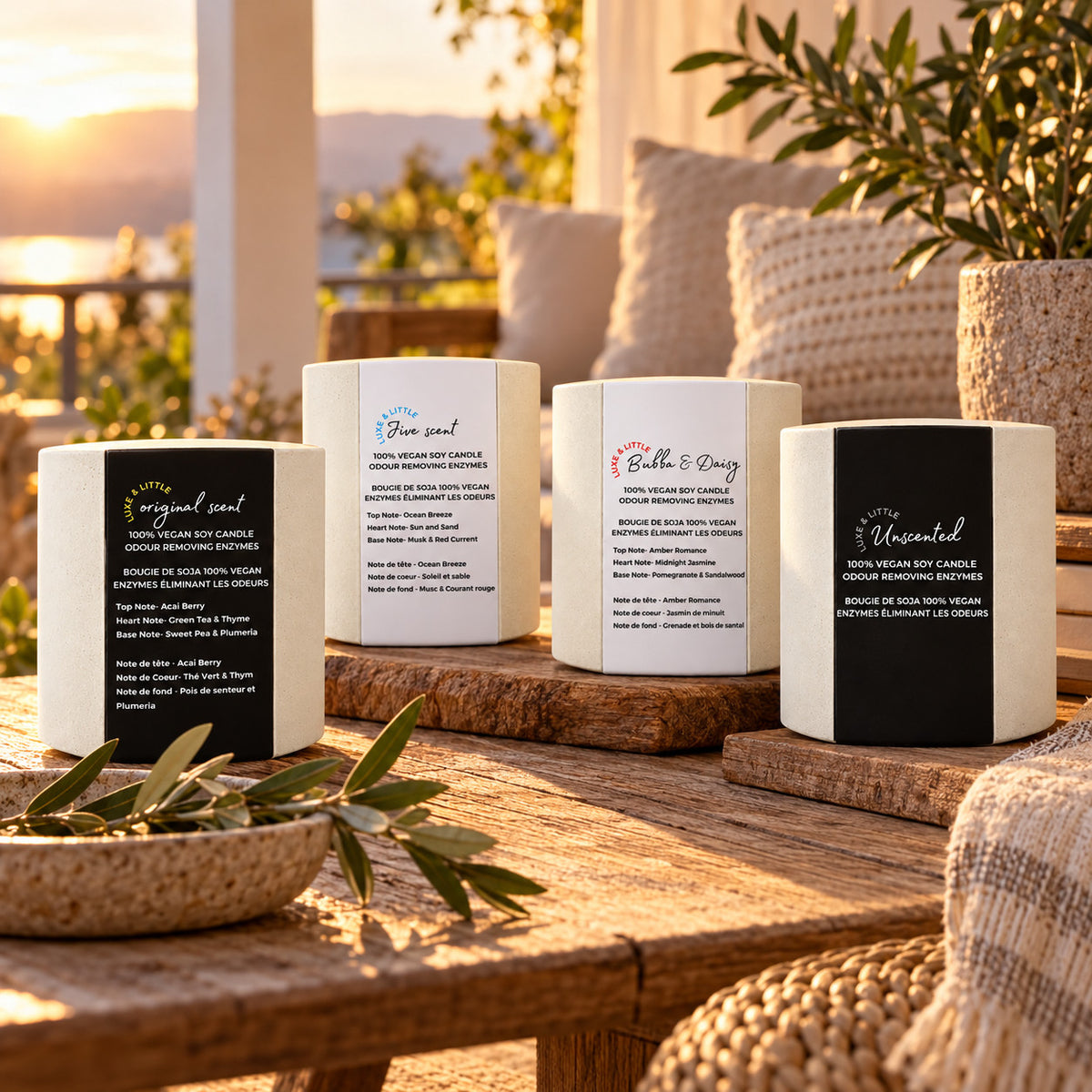 Luxe & Little soy candle Set of 4: Original, Jive, Bubba & Daisy and Unscented together; golden hour candle collection