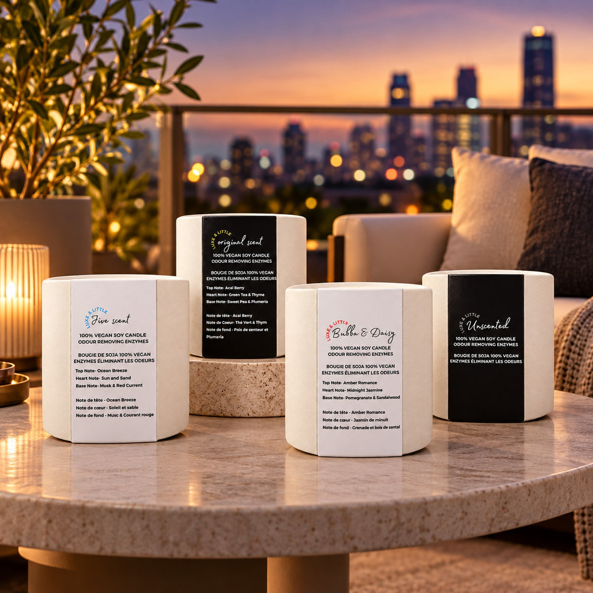Luxe & Little soy candle Set of 4: Original, Jive, Bubba & Daisy and Unscented together; luxury balcony candle collection