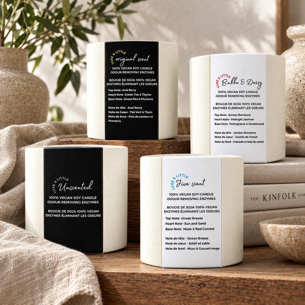 Luxe & Little soy candle Set of 4: Original, Jive, Bubba & Daisy and Unscented together; luxury candle shelf still life