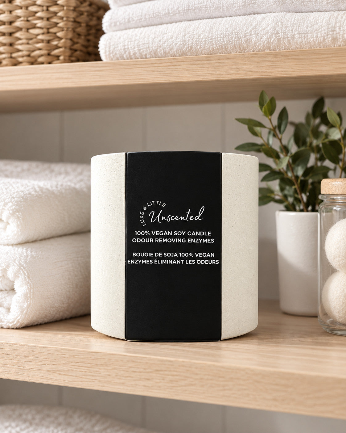 Luxe & Little Unscented fragrance-free vegan soy candle photographed in luxe little candle shelf vignette