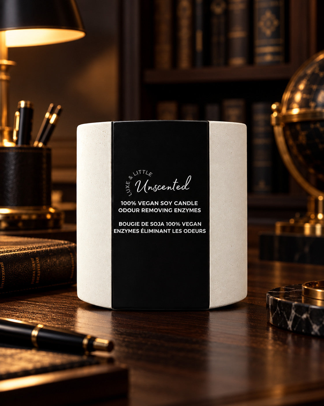 Luxe & Little Unscented fragrance-free vegan soy candle photographed in luxe unscented candle in a classic study