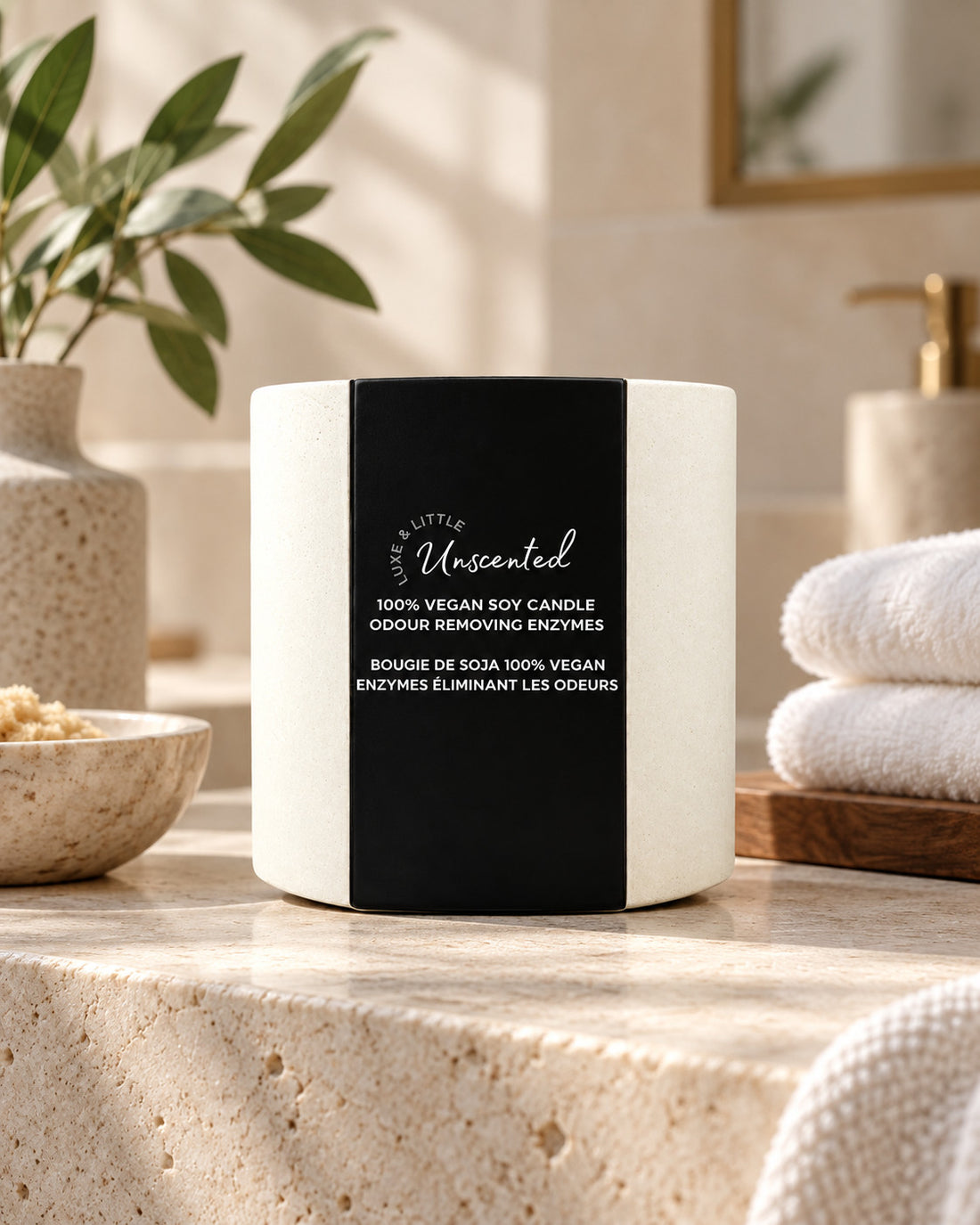 Luxe & Little Unscented fragrance-free vegan soy candle photographed in luxe unscented candle spa still life
