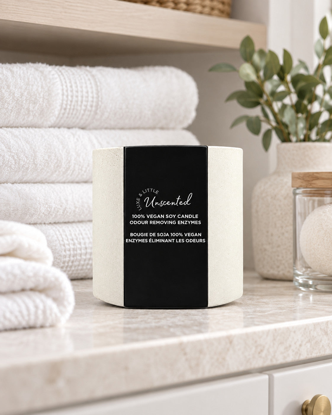 Luxe & Little Unscented fragrance-free vegan soy candle photographed in unscented candle in a luxe linen setting