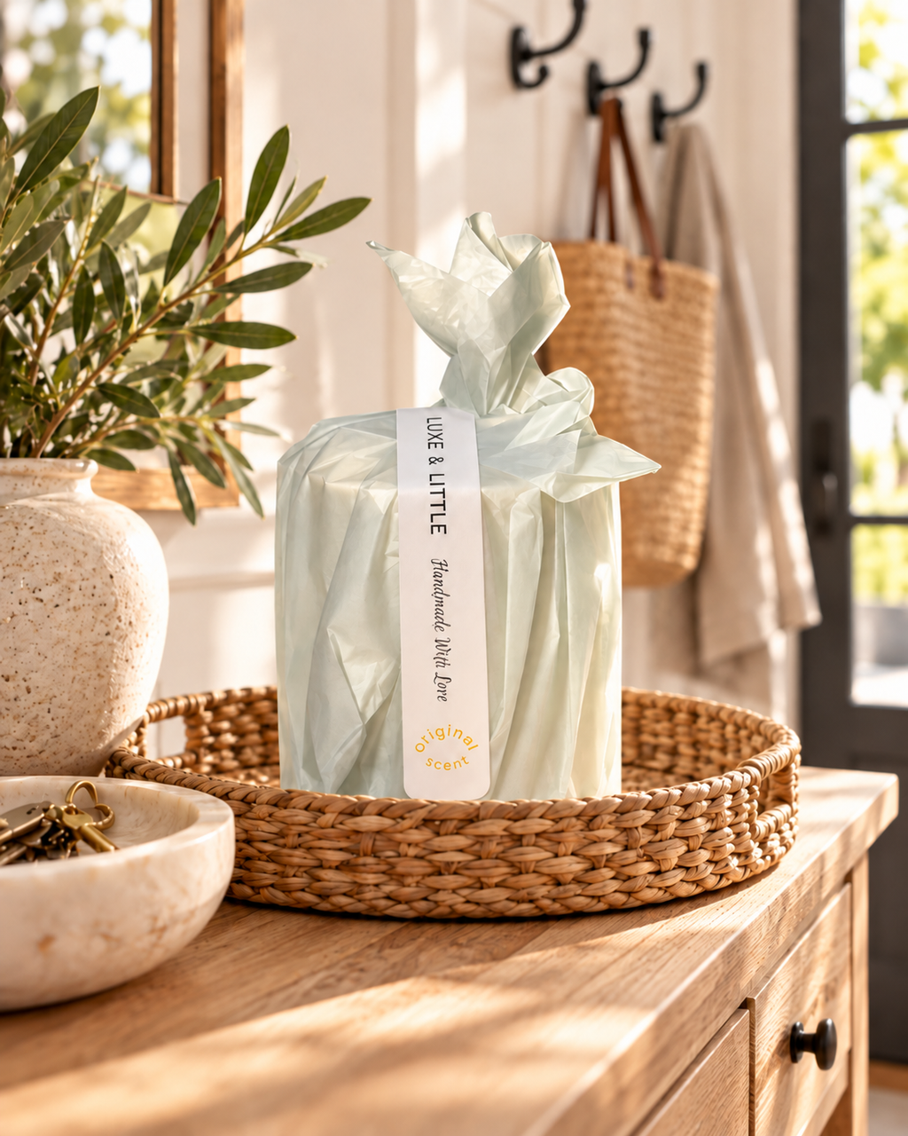 Luxe & Little Original Scent wrapped candle refill in a softly sunlit foyer