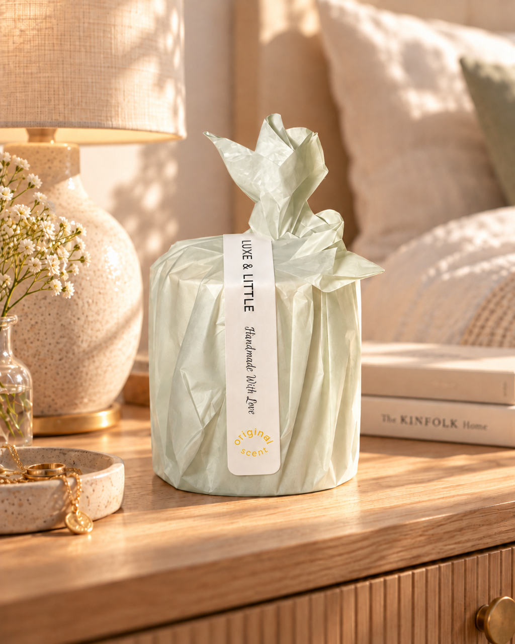 Luxe & Little Original Scent candle refill gift wrap on a wood display in natural light