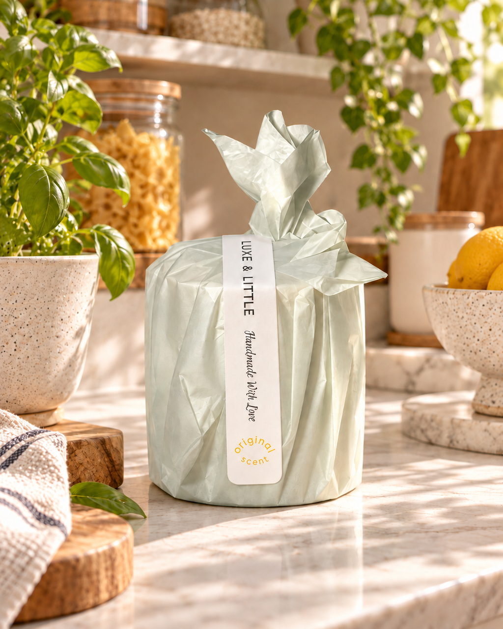 Luxe & Little Original Scent candle refill in light ivory wrapping and yellow Original Scent lettering, sunlit setting