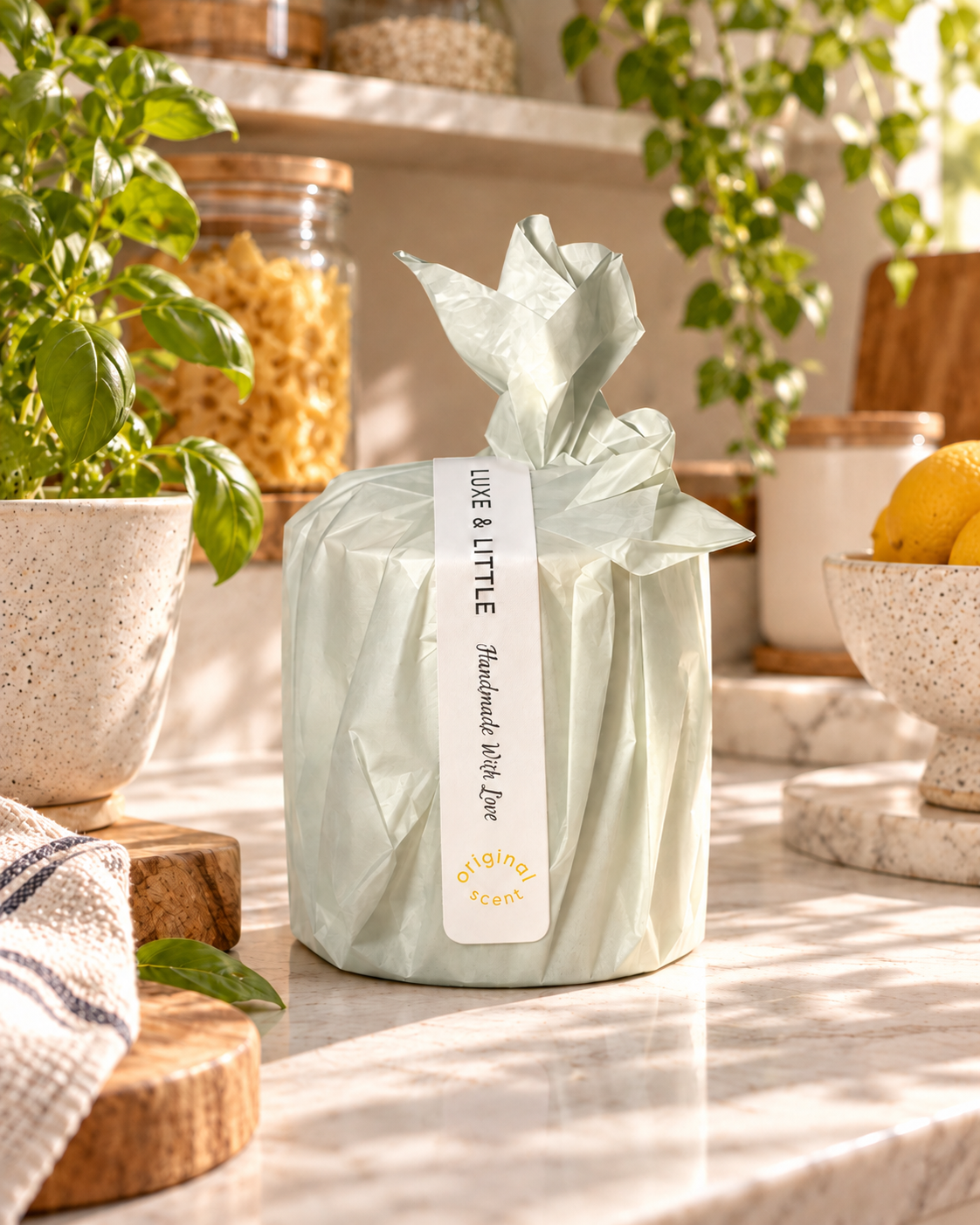 Luxe & Little Original Scent candle refill in light ivory wrapping and yellow Original Scent lettering, sunlit setting