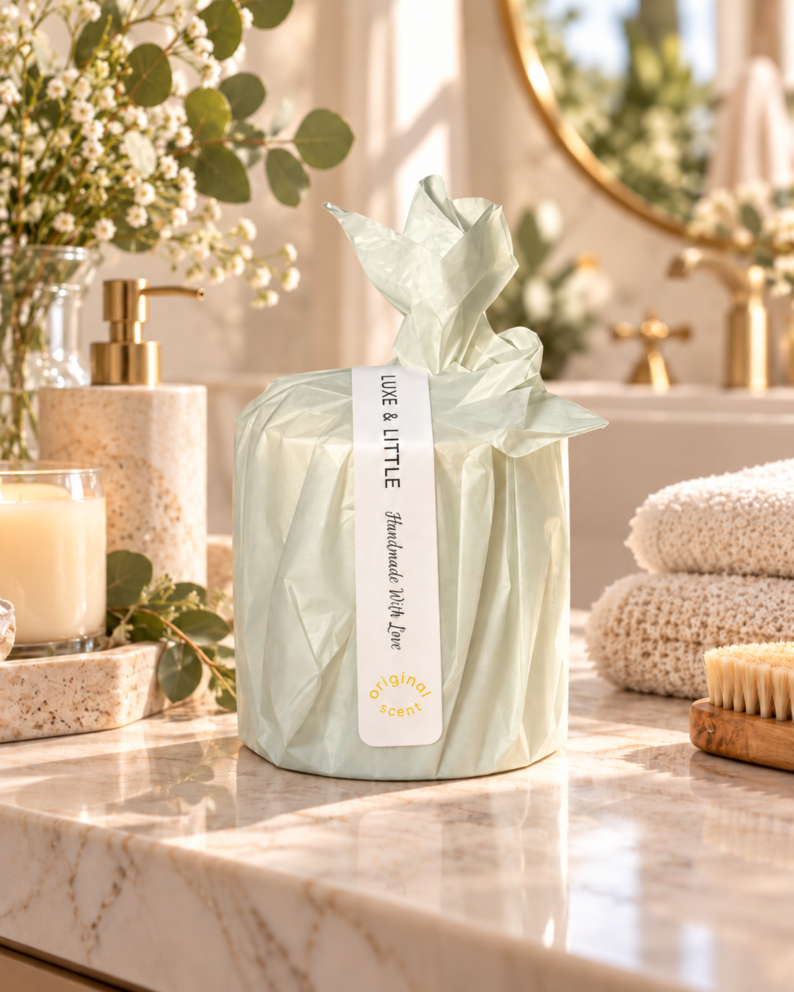 Luxe & Little Original Scent candle refill in its ivory wrap with yellow scent lettering, warm spa interior