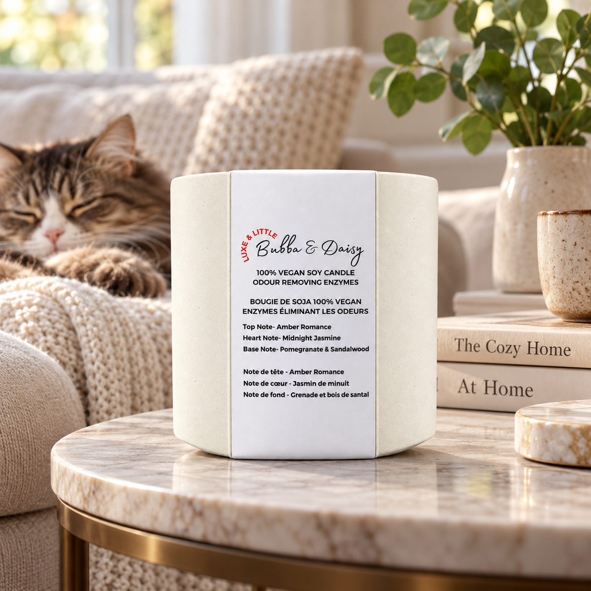Unlit Luxe and Little Bubba and Daisy candle with a cat resting on the sofa