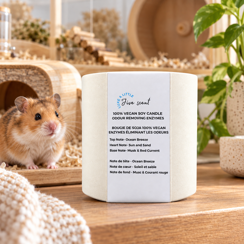 Unlit Luxe and Little Jive Scent candle with a pet hamster in its play area