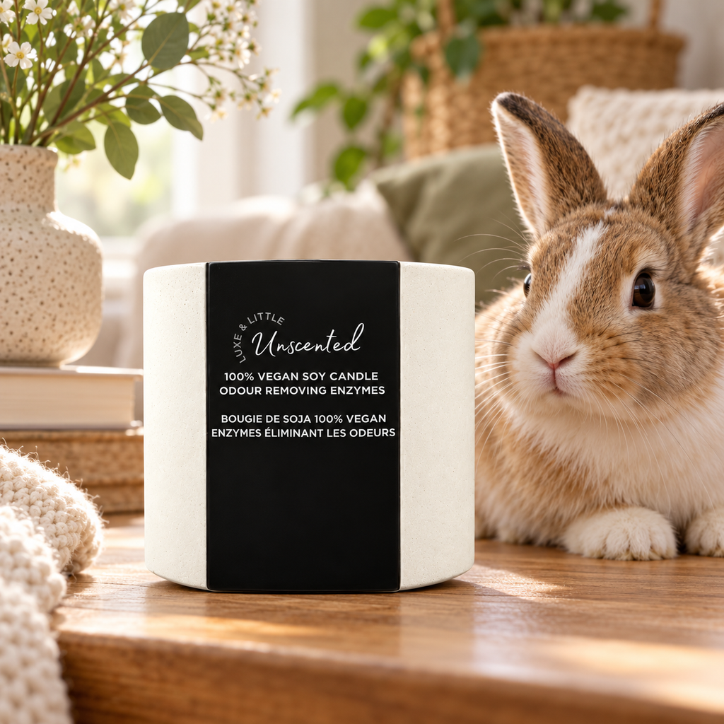 Unlit Luxe and Little Unscented candle with a curious pet rabbit nearby