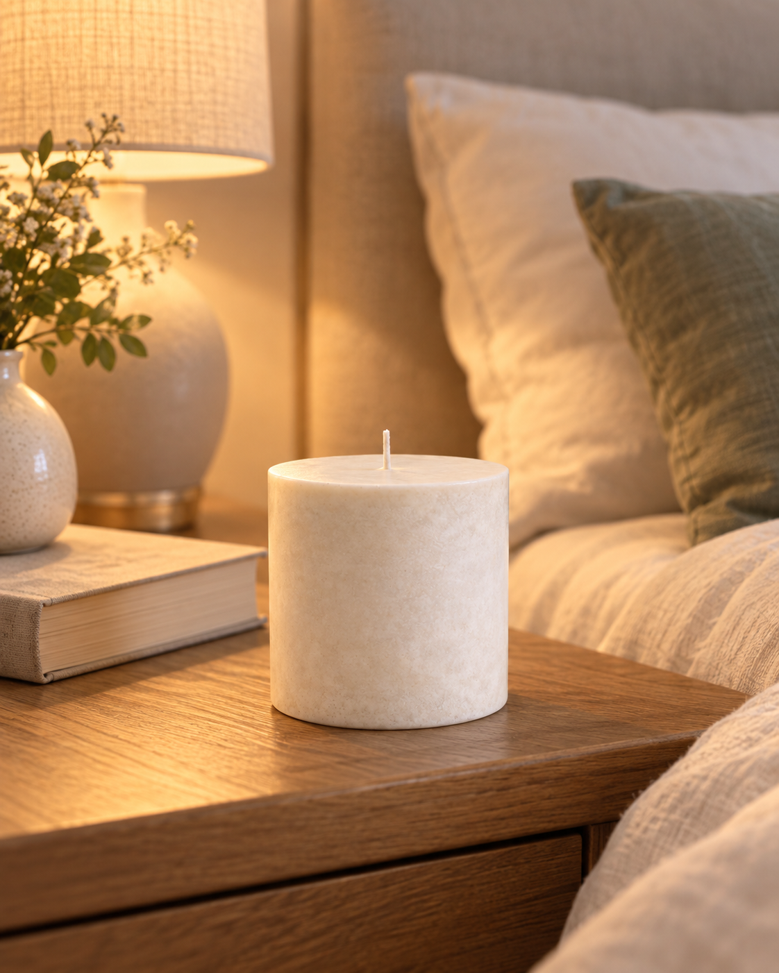 Unlit unscented soy candle refill shown as a bare wax pillar in a softly lit bedroom; refill sold without a vessel
