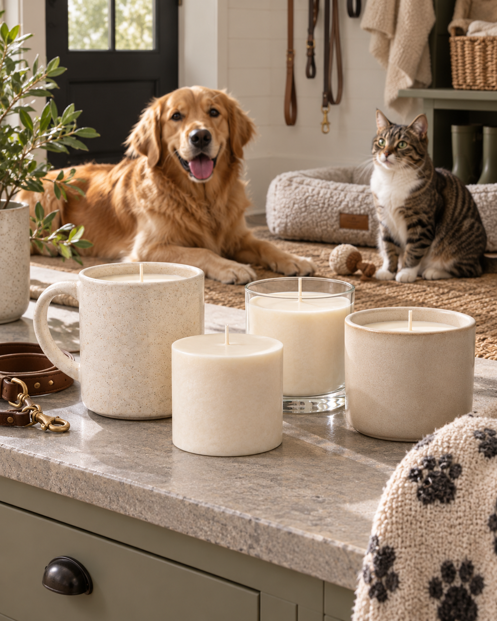 Lifestyle inspiration for Luxe & Little candle refills in a home with a dog and cat; several styled vessels pictured and sold separately